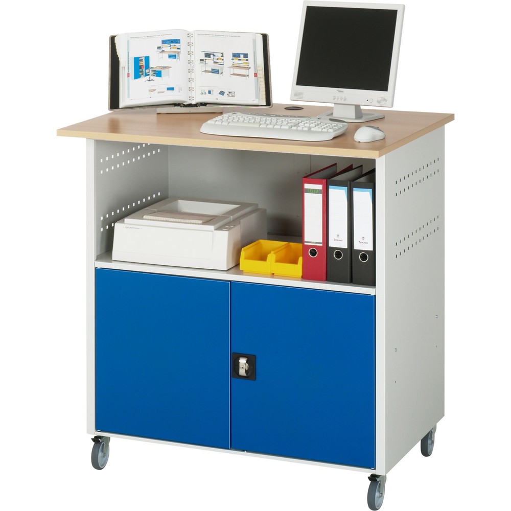 Numéro de l'image du produit 2: RAU Poste informatique HxlxP 1 150 x 1 100 x 800 mm, plan de travail décor hêtre, avec 2 portes battantes et bloc multiprises