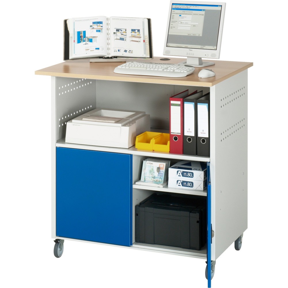 Numéro de l'image du produit 3: RAU Poste informatique HxlxP 1 150 x 1 100 x 800 mm, plan de travail décor hêtre, avec 2 portes battantes et bloc multiprises