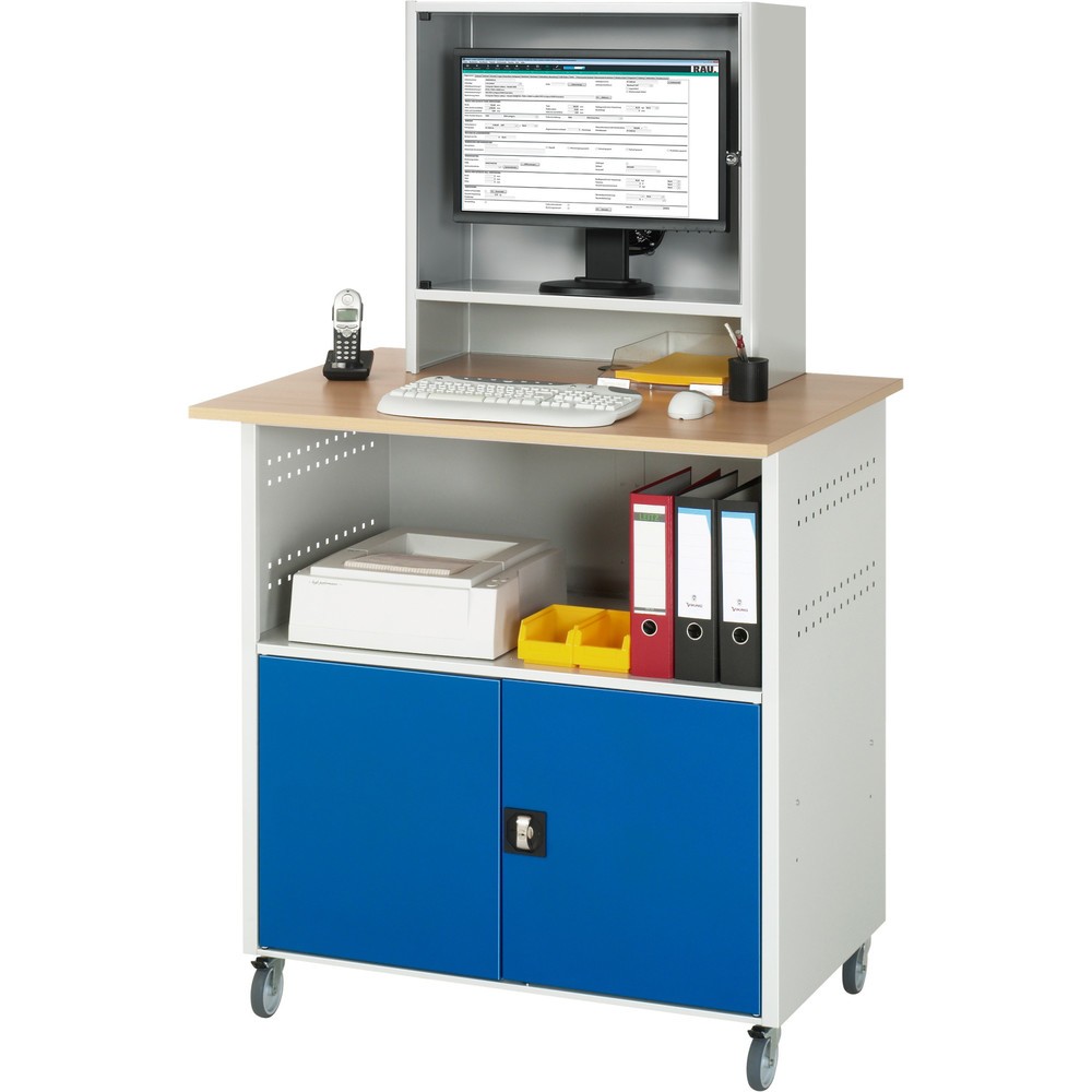 N° de l'image du produit 2 : RAU Poste informatique HxlxP 1 860 x 1 100 x 800 mm, plan de travail décor hêtre, avec 2 portes battantes, bloc multiprises et casier pour l’écran