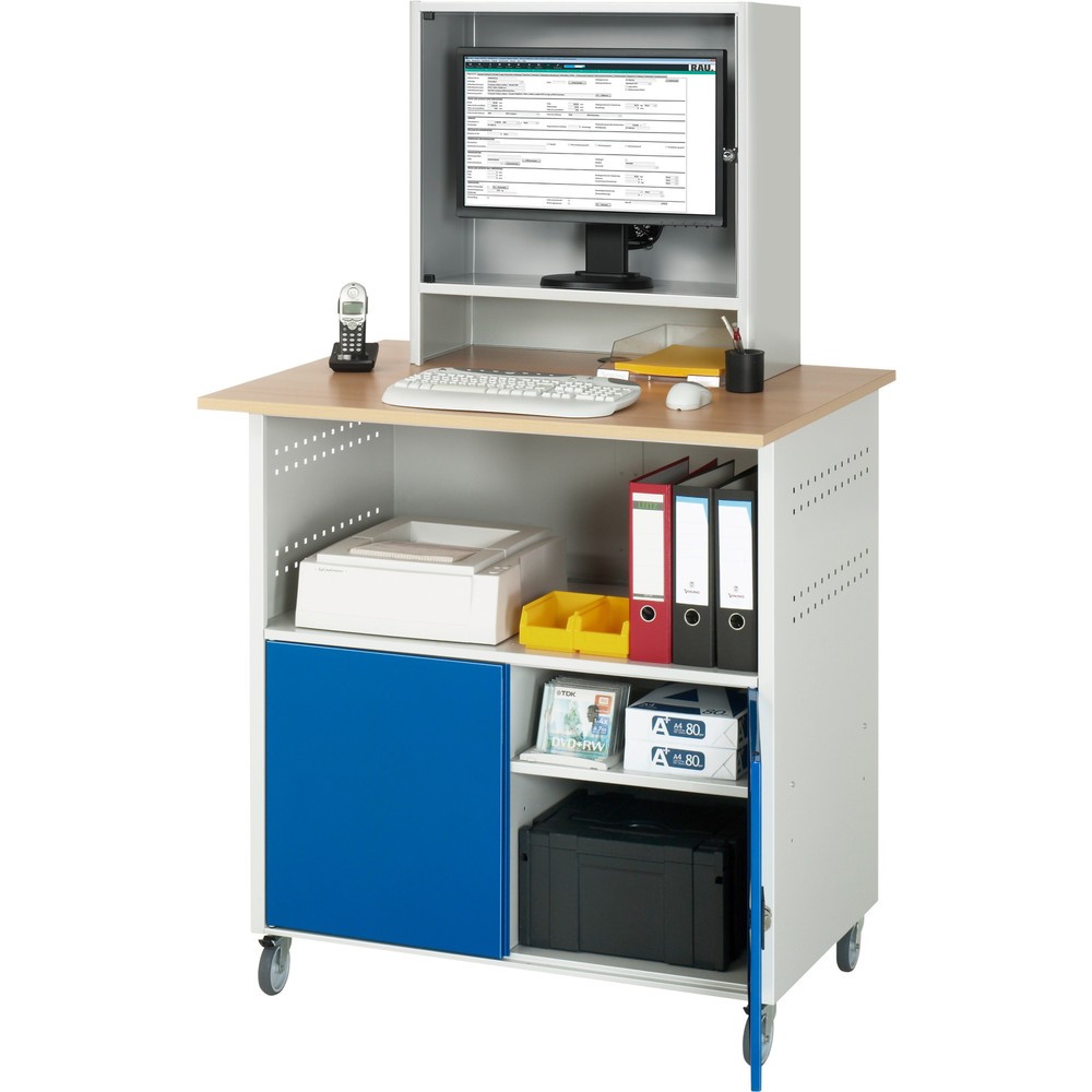 N° de l'image du produit 3 : RAU Poste informatique HxlxP 1 860 x 1 100 x 800 mm, plan de travail décor hêtre, avec 2 portes battantes, bloc multiprises et casier pour l’écran