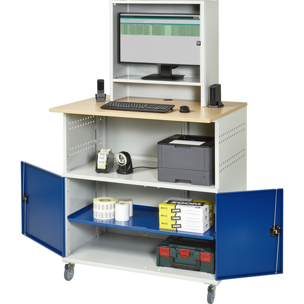 N° de l'image du produit 1 : RAU Poste informatique HxlxP 1 860 x 1 100 x 800 mm, plan de travail décor hêtre, avec 2 portes battantes et casier pour l’écran