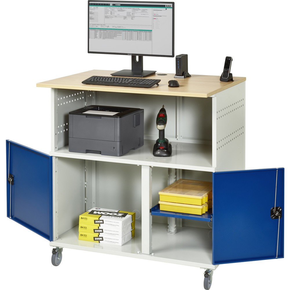 Numéro de l'image du produit 1: RAU Poste informatique HxlxP 1 150 x 1 100 x 800 mm, plan de travail décor hêtre, avec 2 portes battantes et bloc multiprises