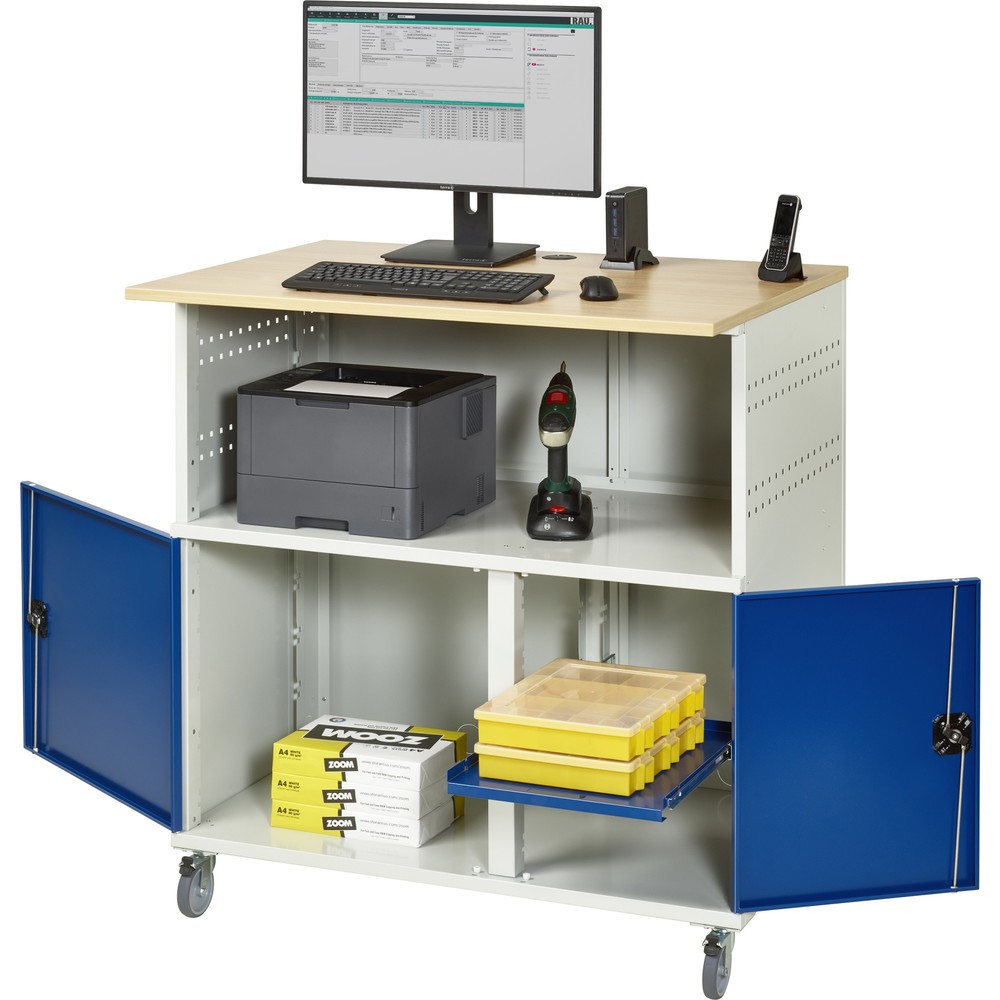 Numéro de l'image du produit 4: RAU Poste informatique HxlxP 1 150 x 1 100 x 800 mm, plan de travail décor hêtre, avec 2 portes battantes et bloc multiprises