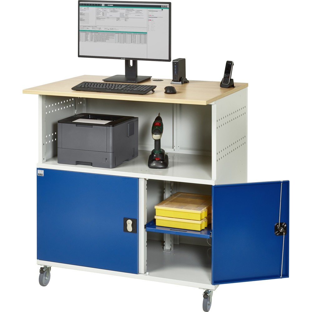 Numéro de l'image du produit 5: RAU Poste informatique HxlxP 1 150 x 1 100 x 800 mm, plan de travail décor hêtre, avec 2 portes battantes et bloc multiprises