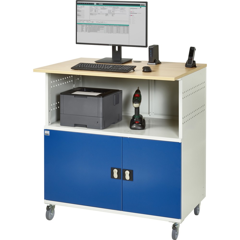 Numéro de l'image du produit 6: RAU Poste informatique HxlxP 1 150 x 1 100 x 800 mm, plan de travail décor hêtre, avec 2 portes battantes et bloc multiprises