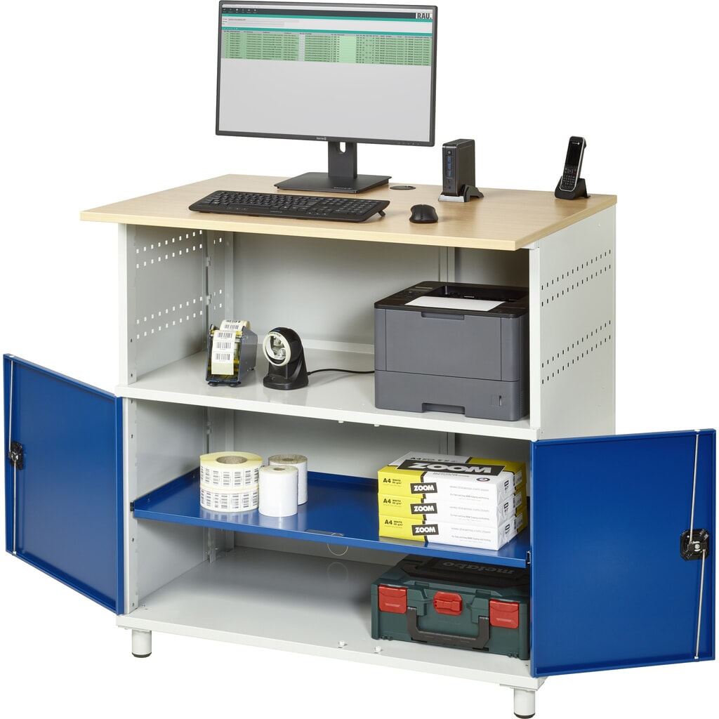 RAU Poste informatique HxlxP 1 100 x 1 100 x 800 mm, plan de travail décor hêtre, avec 2 portes battantes Illustration du produit: RAU Poste informatique HxlxP 1 100 x 1 100 x 800 mm, plan de travail décor hêtre, avec 2 portes battantes