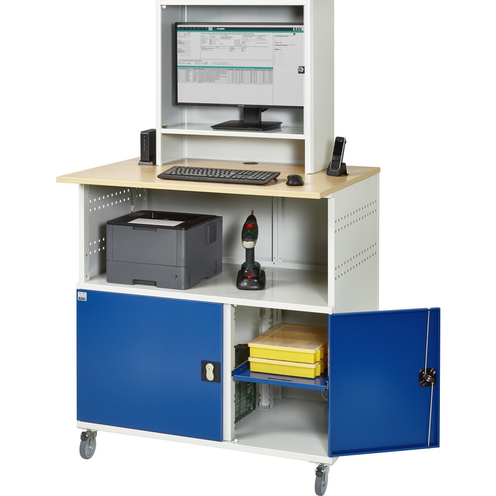 N° de l'image du produit 4 : RAU Poste informatique HxlxP 1 860 x 1 100 x 800 mm, plan de travail décor hêtre, avec 2 portes battantes, bloc multiprises et casier pour l’écran