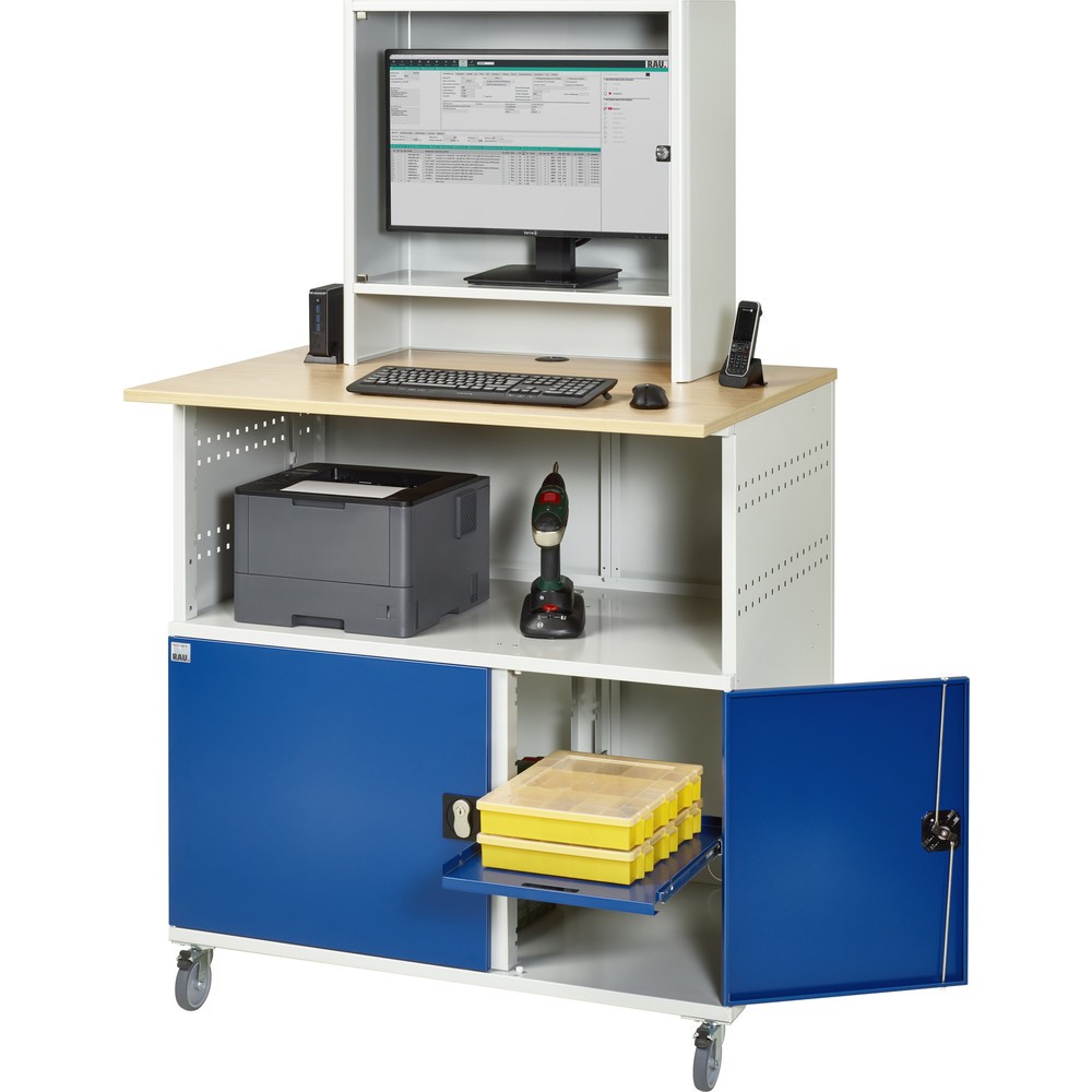 N° de l'image du produit 5 : RAU Poste informatique HxlxP 1 860 x 1 100 x 800 mm, plan de travail décor hêtre, avec 2 portes battantes, bloc multiprises et casier pour l’écran