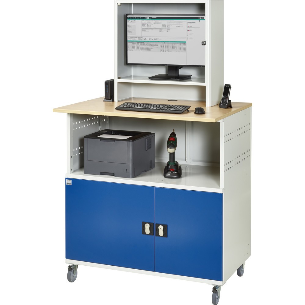 N° de l'image du produit 6 : RAU Poste informatique HxlxP 1 860 x 1 100 x 800 mm, plan de travail décor hêtre, avec 2 portes battantes, bloc multiprises et casier pour l’écran