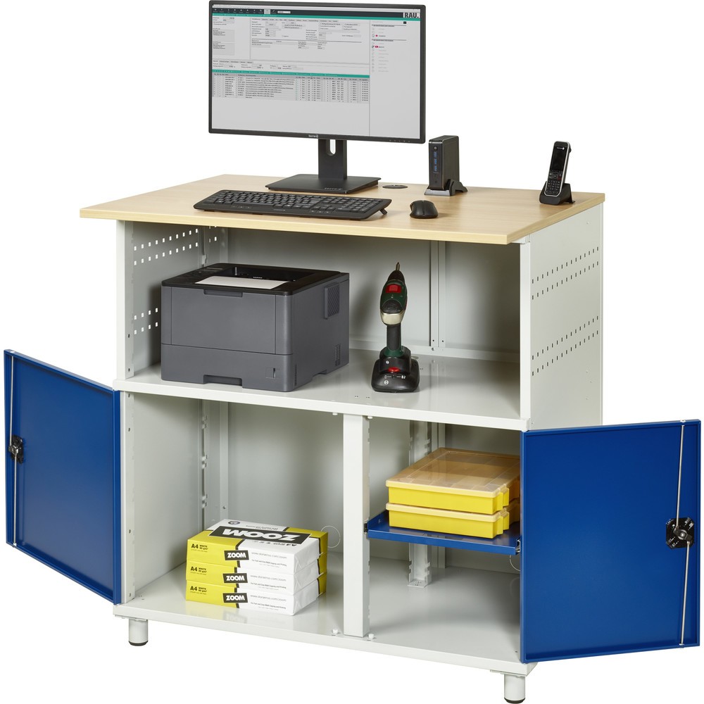 Numéro de l'image du produit 1: RAU Poste informatique HxlxP 1 100 x 1 100 x 800 mm, plan de travail décor hêtre, avec 2 portes battantes et bloc multiprises