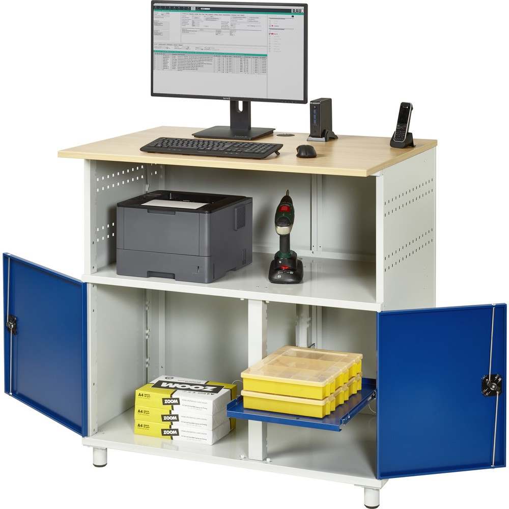 Numéro de l'image du produit 4: RAU Poste informatique HxlxP 1 100 x 1 100 x 800 mm, plan de travail décor hêtre, avec 2 portes battantes et bloc multiprises