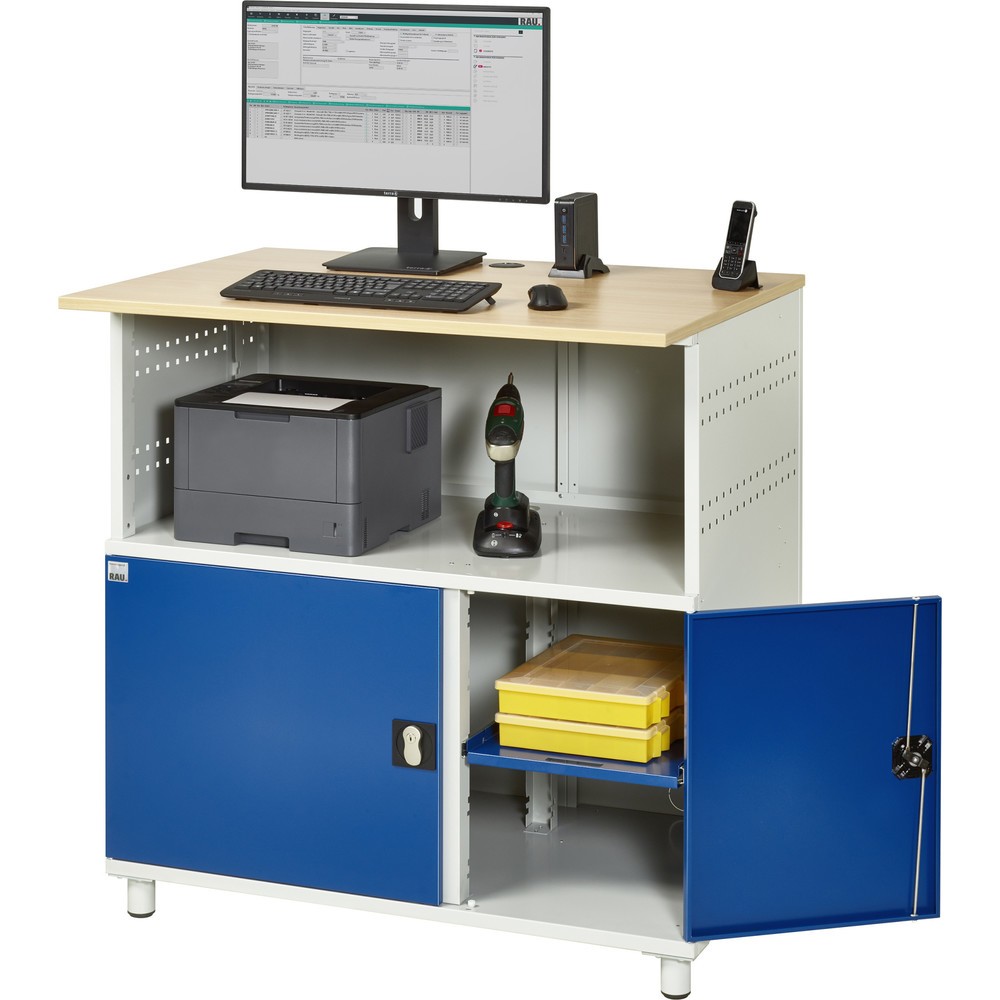 Numéro de l'image du produit 5: RAU Poste informatique HxlxP 1 100 x 1 100 x 800 mm, plan de travail décor hêtre, avec 2 portes battantes et bloc multiprises
