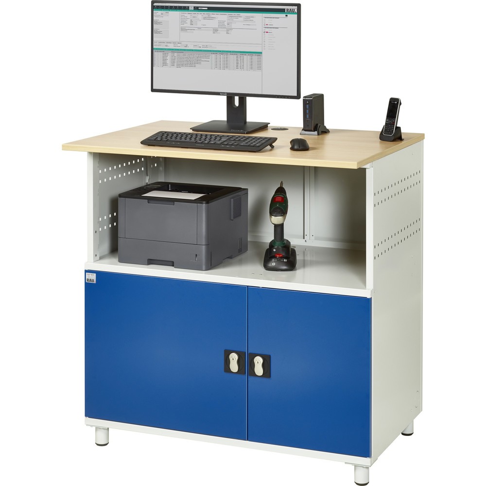 Numéro de l'image du produit 6: RAU Poste informatique HxlxP 1 100 x 1 100 x 800 mm, plan de travail décor hêtre, avec 2 portes battantes et bloc multiprises