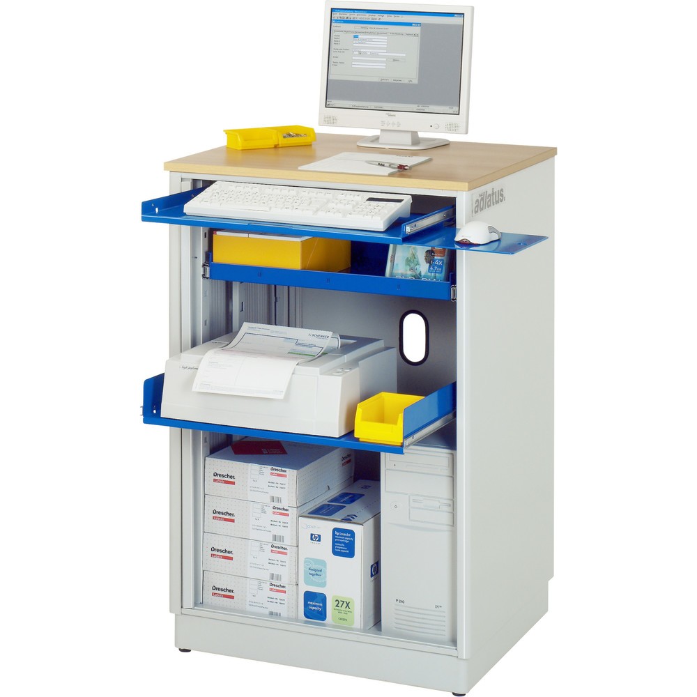 Numéro de l'image du produit 1: RAU Postes informatiques HxlxP 1 100 x 720 x 660 mm, plateau de travail décor hêtre, avec volet roulant, bloc multiprises