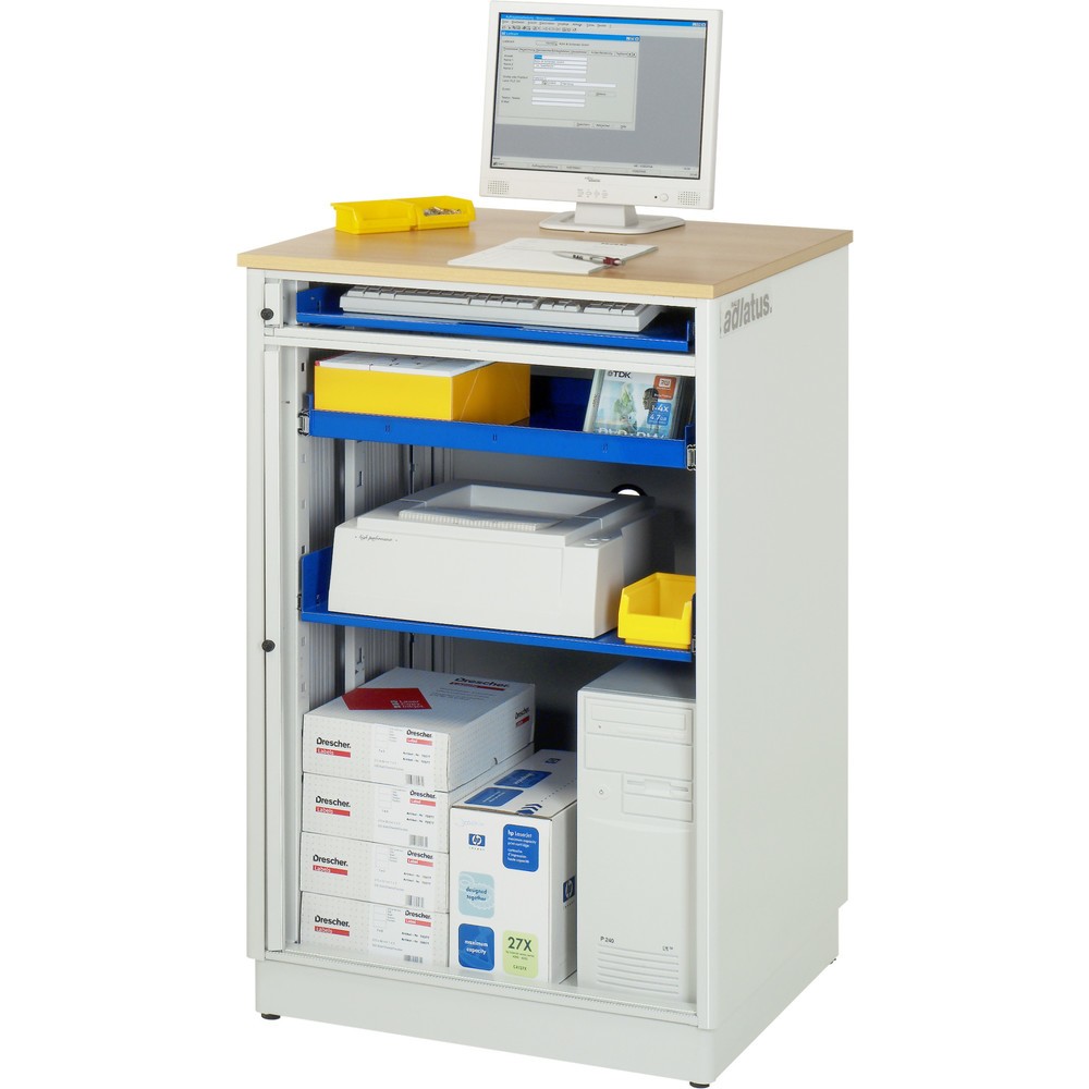 Numéro de l'image du produit 2: RAU Postes informatiques HxlxP 1 100 x 720 x 660 mm, plateau de travail décor hêtre, avec volet roulant, bloc multiprises