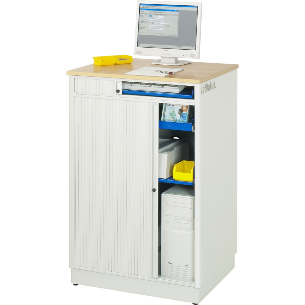 Numéro de l'image du produit 4: RAU Postes informatiques HxlxP 1 100 x 720 x 660 mm, plateau de travail décor hêtre, avec volet roulant, bloc multiprises