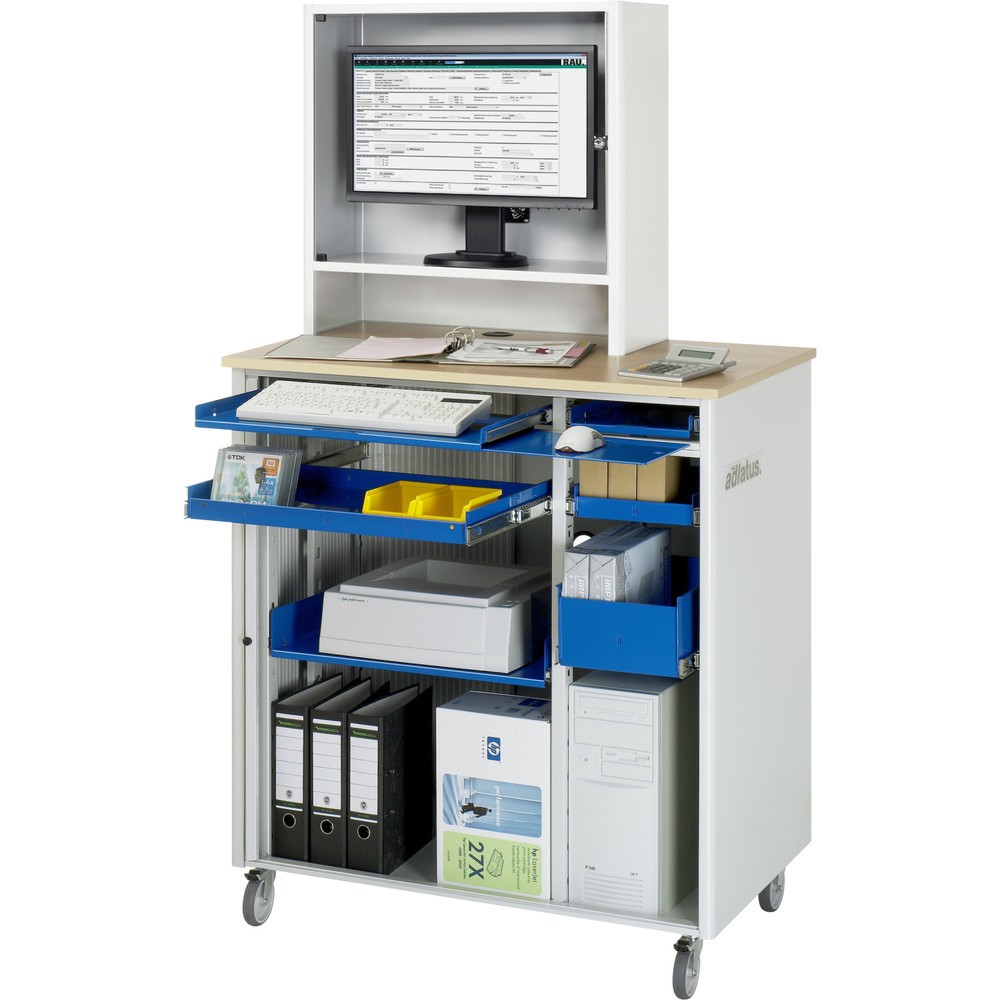 Numéro de l'image du produit 1: RAU Postes informatiques HxlxP 1 810 x 1 030 x 660 mm, plateau de travail décor hêtre, avec volets roulants, bloc multiprises, jeu de roulettes et casier pour écran
