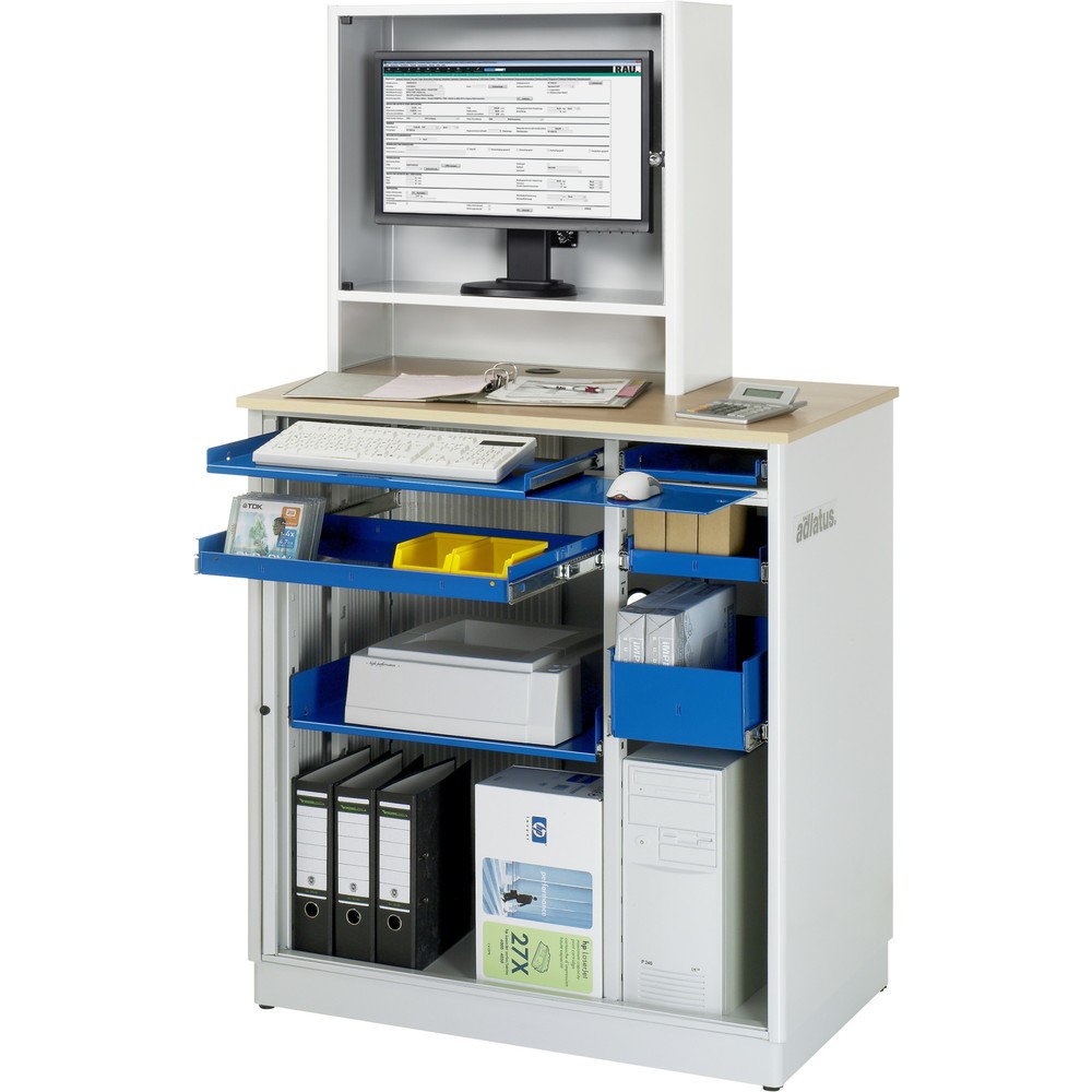 Numéro de l'image du produit 1: RAU Postes informatiques HxlxP 1 810 x 1 030 x 660 mm, plateau de travail décor hêtre, avec volets roulants, bloc multiprises, tiroir et casier pour écran
