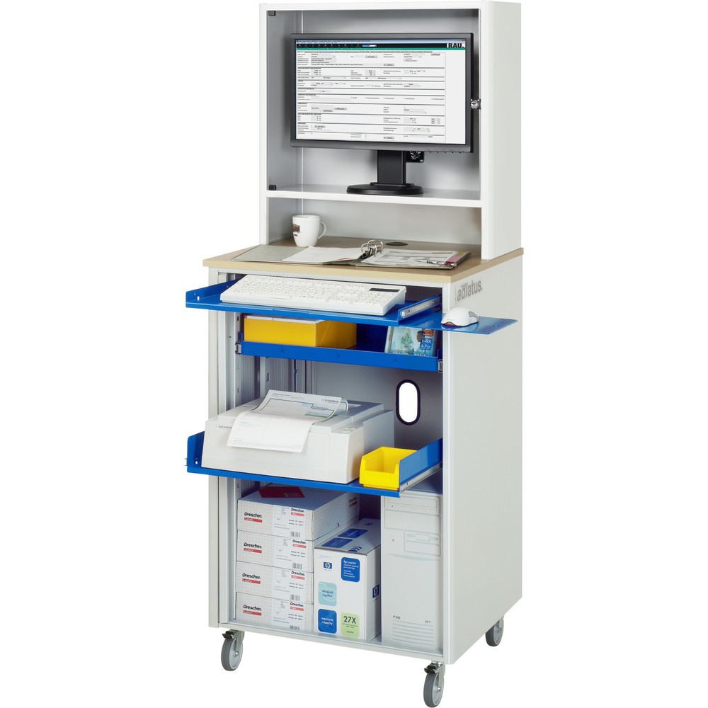 N° de l'image du produit 1 : RAU Postes informatiques HxlxP 1 810 x 720 x 660 mm, plateau de travail décor hêtre, avec volets roulants, bloc multiprises et tiroir