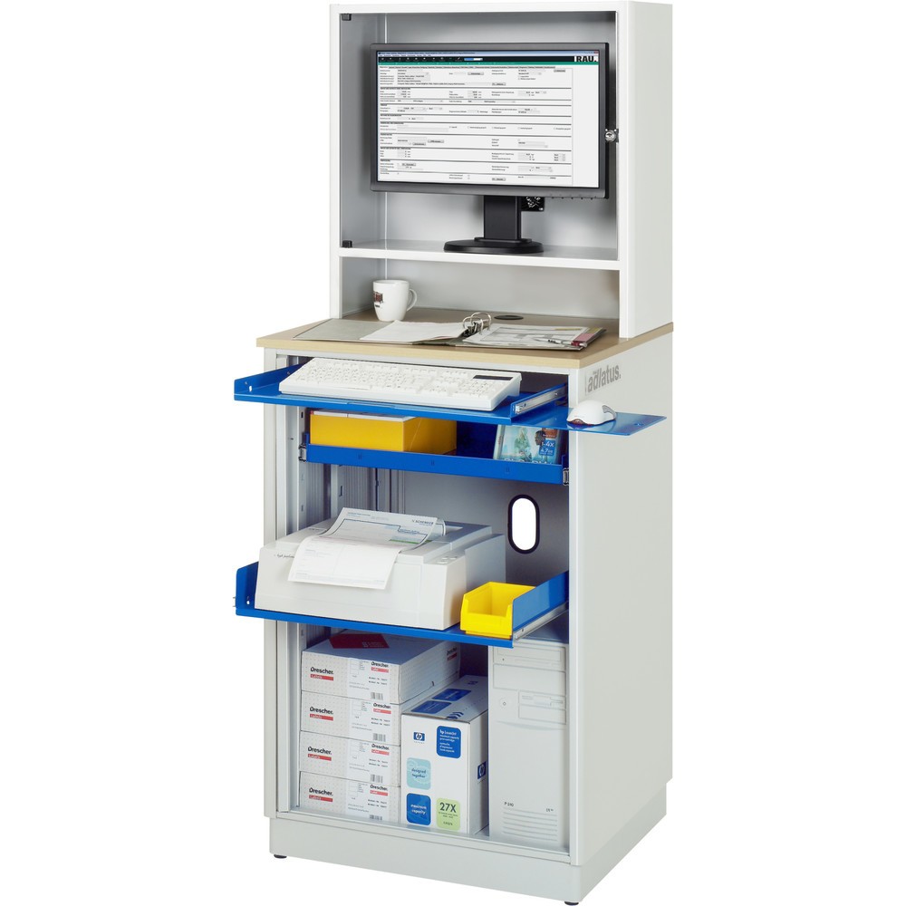 Numéro de l'image du produit 1: RAU Postes informatiques HxlxP 1 810 x 720 x 660 mm, plateau de travail décor hêtre, avec volet roulant, bloc multiprises