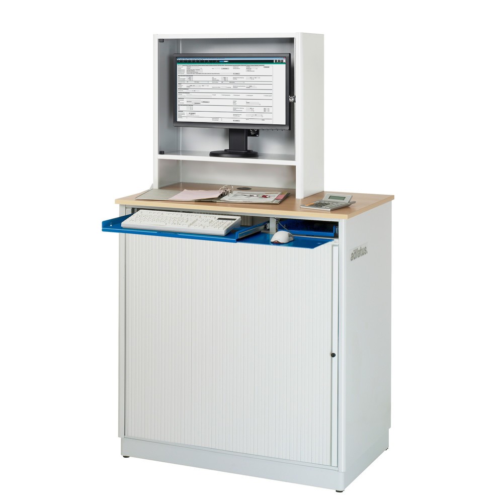 Numéro de l'image du produit 2: RAU Postes informatiques HxlxP 1 810 x 1 030 x 660 mm, plateau de travail décor hêtre, avec volets roulants, bloc multiprises, tiroir et casier pour écran