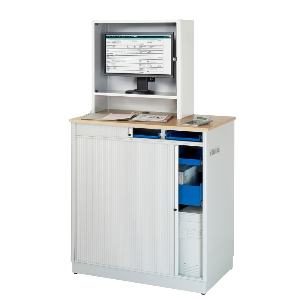 Numéro de l'image du produit 3: RAU Postes informatiques HxlxP 1 810 x 1 030 x 660 mm, plateau de travail décor hêtre, avec volets roulants, bloc multiprises, tiroir et casier pour écran
