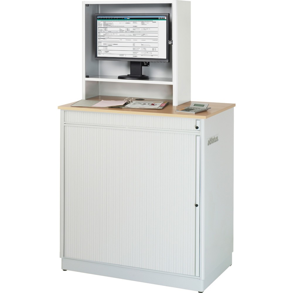 Numéro de l'image du produit 4: RAU Postes informatiques HxlxP 1 810 x 1 030 x 660 mm, plateau de travail décor hêtre, avec volets roulants, bloc multiprises, tiroir et casier pour écran