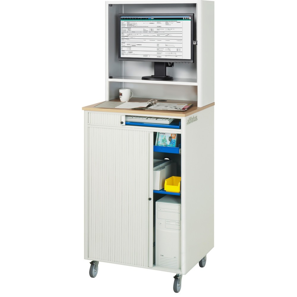 N° de l'image du produit 3 : RAU Postes informatiques HxlxP 1 810 x 720 x 660 mm, plateau de travail décor hêtre, avec volets roulants, bloc multiprises et tiroir