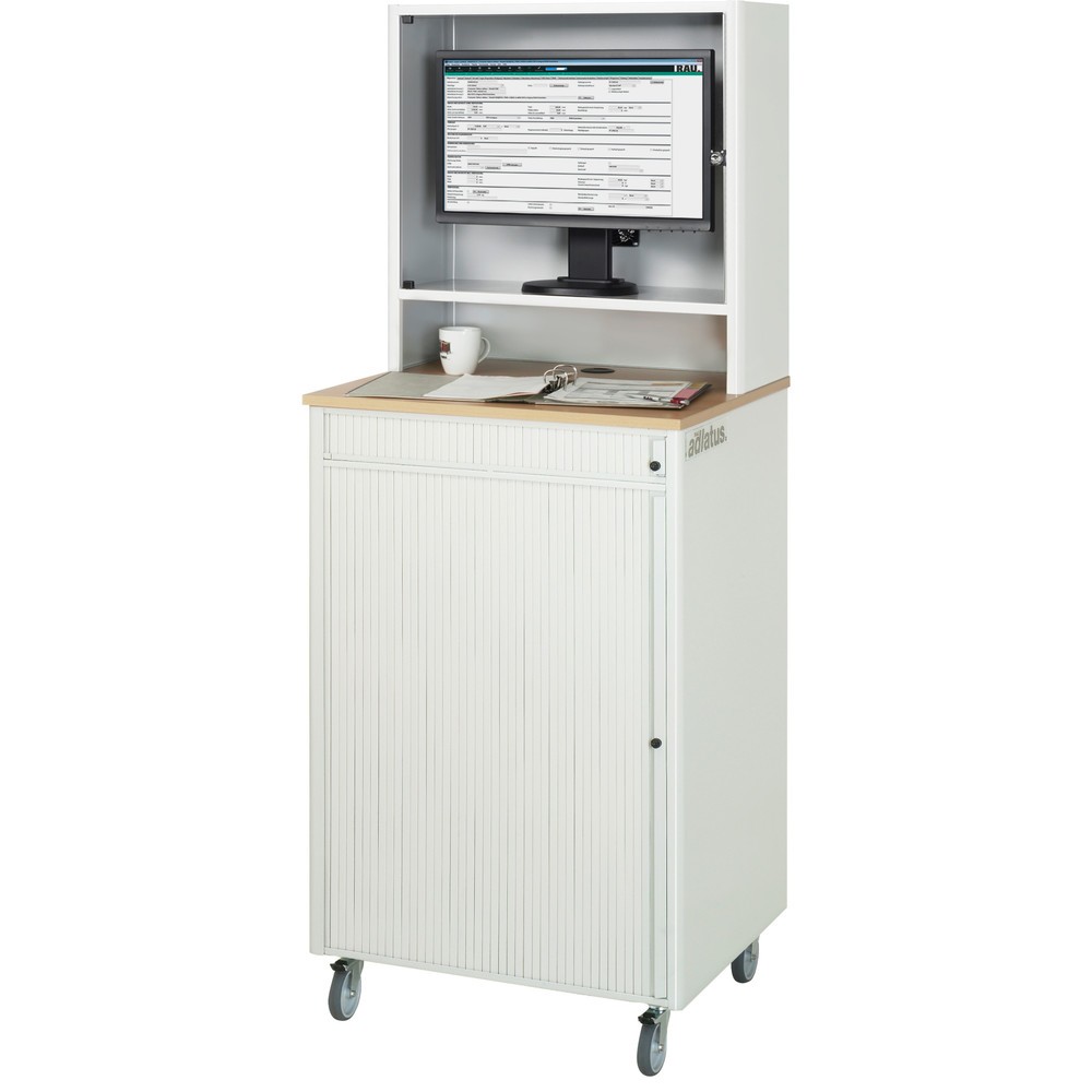 N° de l'image du produit 4 : RAU Postes informatiques HxlxP 1 810 x 720 x 660 mm, plateau de travail décor hêtre, avec volets roulants, bloc multiprises et tiroir