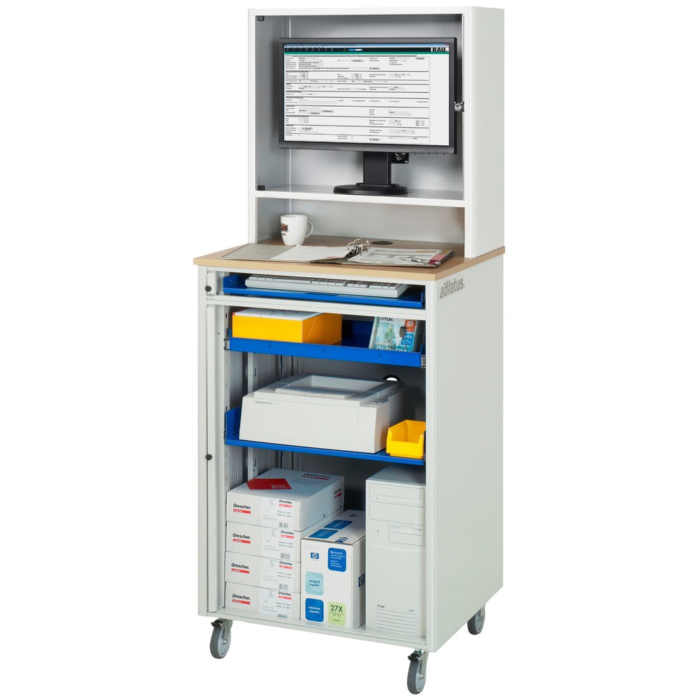 N° de l'image du produit 5 : RAU Postes informatiques HxlxP 1 810 x 720 x 660 mm, plateau de travail décor hêtre, avec volets roulants, bloc multiprises et tiroir