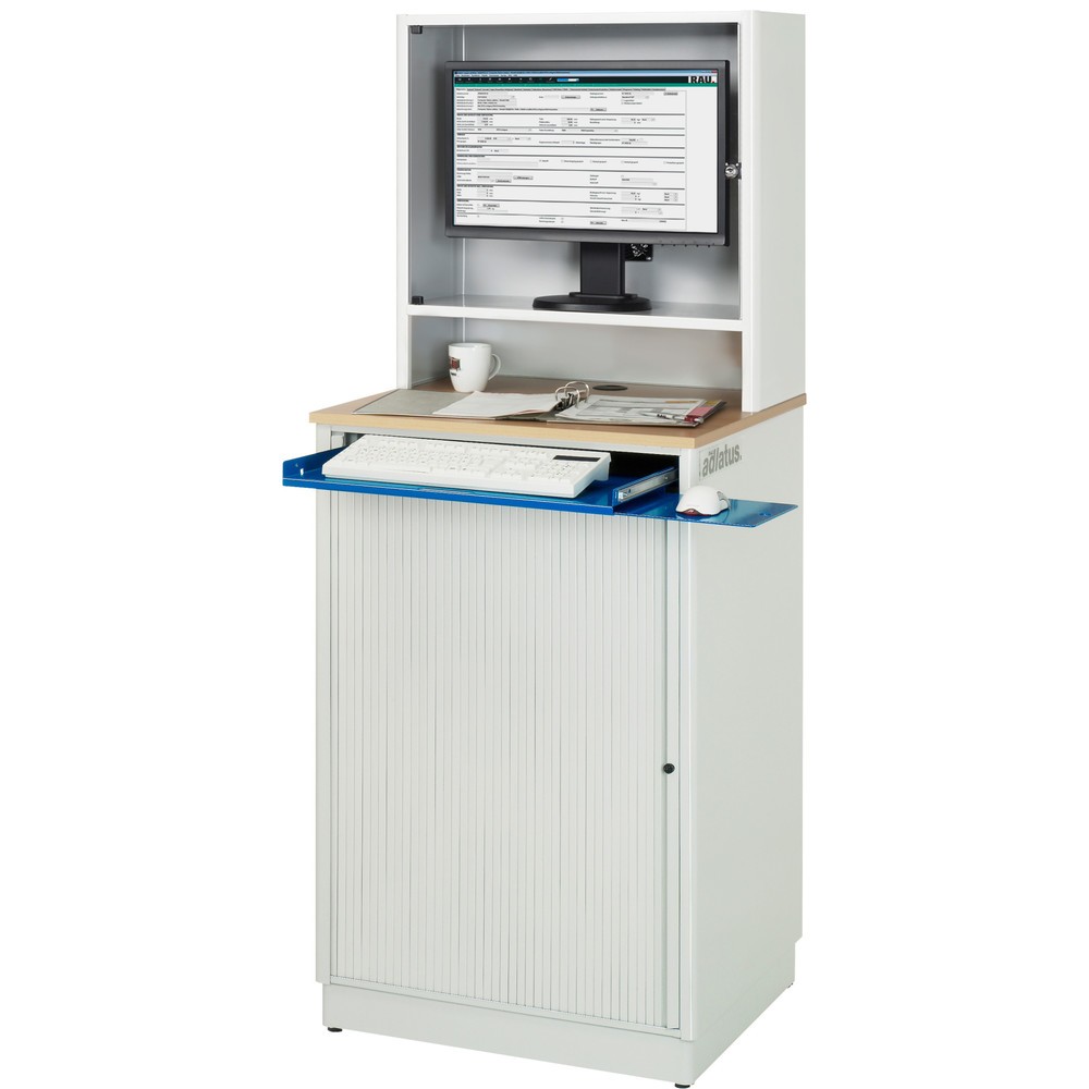 Numéro de l'image du produit 2: RAU Postes informatiques HxlxP 1 810 x 720 x 660 mm, plateau de travail décor hêtre, avec volet roulant, bloc multiprises