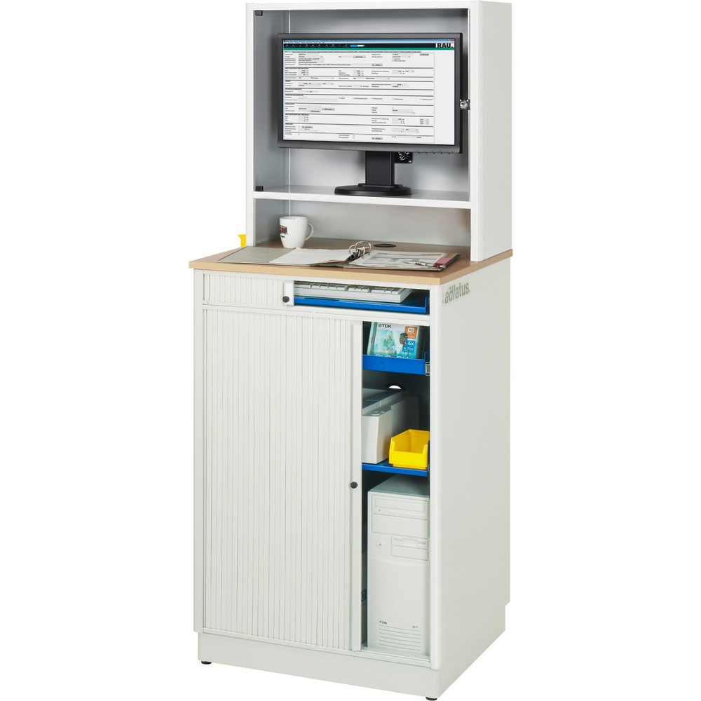 Numéro de l'image du produit 3: RAU Postes informatiques HxlxP 1 810 x 720 x 660 mm, plateau de travail décor hêtre, avec volet roulant, bloc multiprises