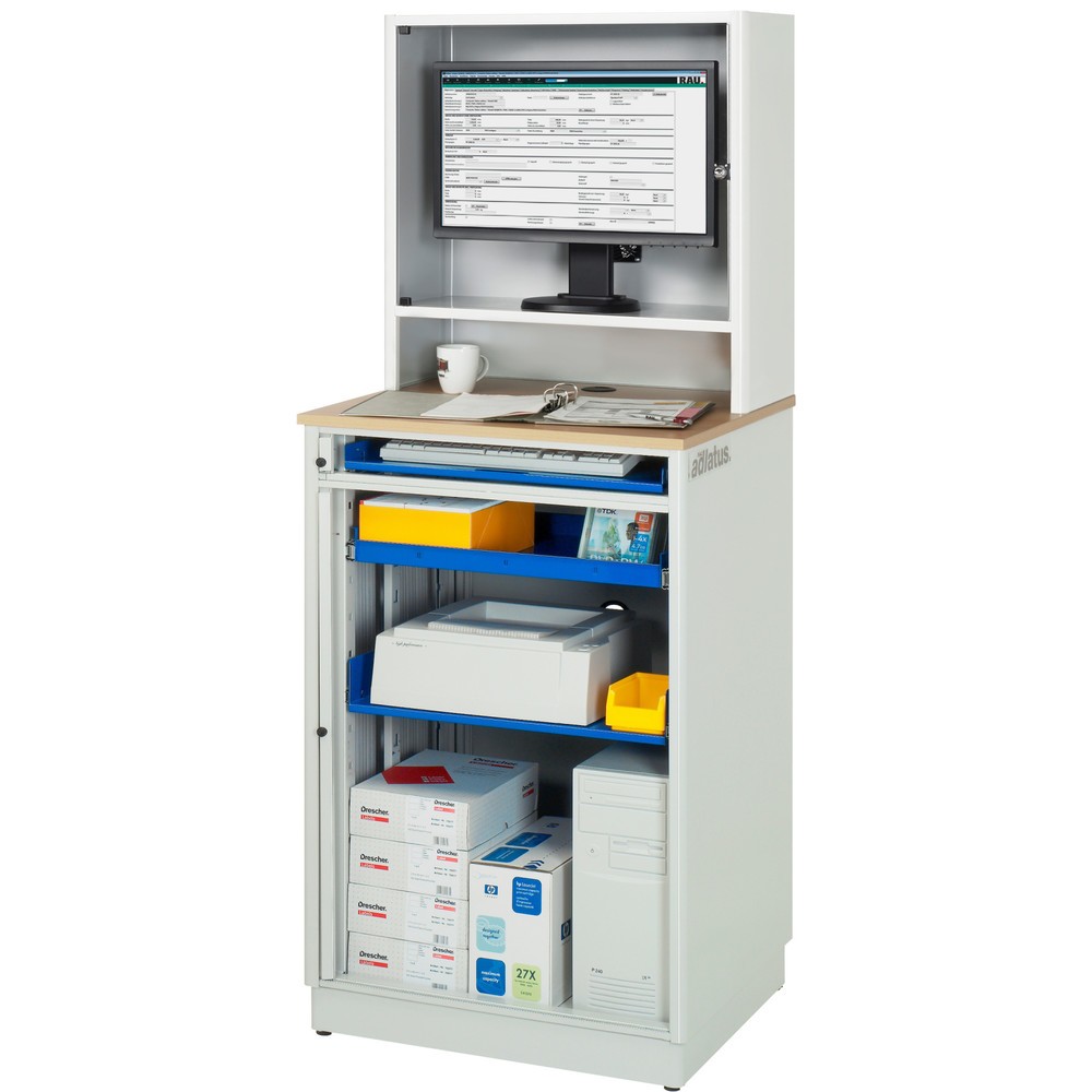 Numéro de l'image du produit 5: RAU Postes informatiques HxlxP 1 810 x 720 x 660 mm, plateau de travail décor hêtre, avec volet roulant, bloc multiprises