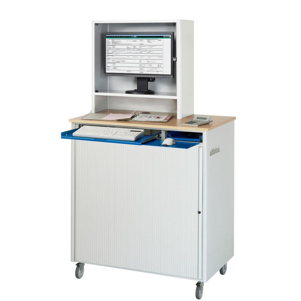 Numéro de l'image du produit 2: RAU Postes informatiques HxlxP 1 810 x 1 030 x 660 mm, plateau de travail décor hêtre, avec volets roulants, bloc multiprises, jeu de roulettes et casier pour écran