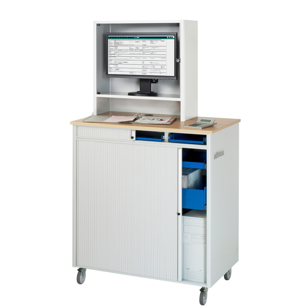 Numéro de l'image du produit 3: RAU Postes informatiques HxlxP 1 810 x 1 030 x 660 mm, plateau de travail décor hêtre, avec volets roulants, bloc multiprises, jeu de roulettes et casier pour écran