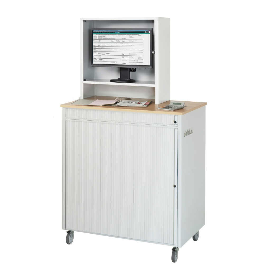 Numéro de l'image du produit 4: RAU Postes informatiques HxlxP 1 810 x 1 030 x 660 mm, plateau de travail décor hêtre, avec volets roulants, bloc multiprises, jeu de roulettes et casier pour écran