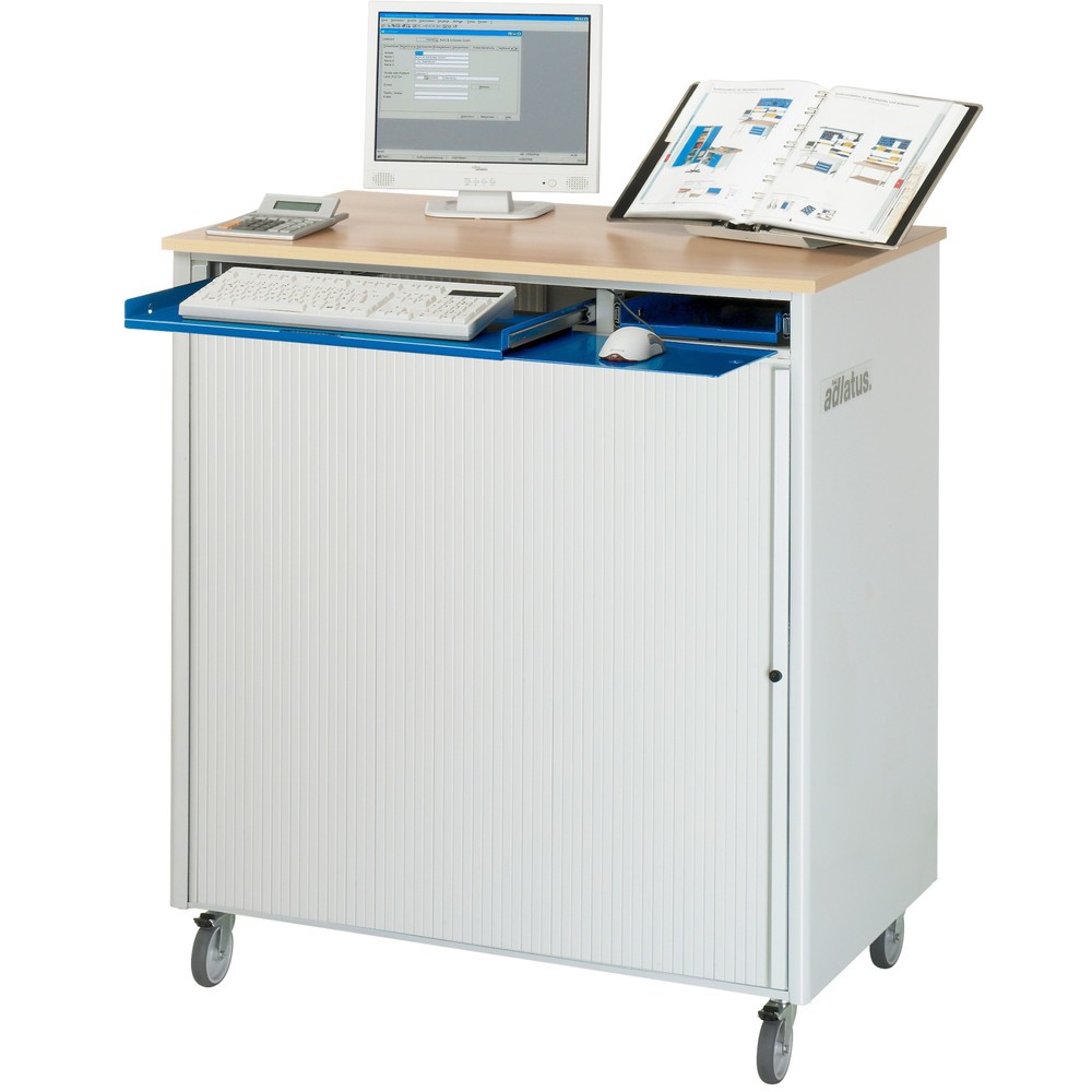 N° de l'image du produit 3 : RAU Postes informatiques HxlxP 1 100 x 1 030 x 660 mm, plateau de travail décor hêtre, avec volets roulants, bloc multiprises, tiroir