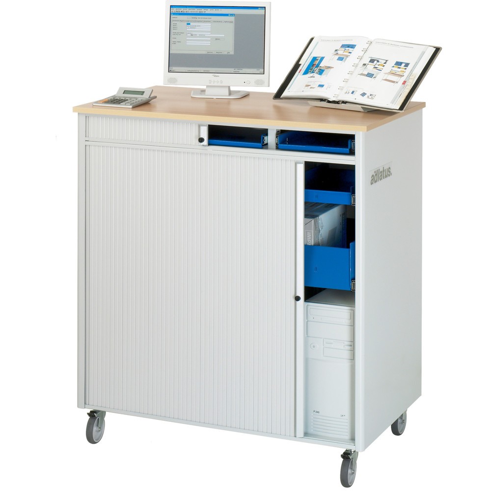 N° de l'image du produit 4 : RAU Postes informatiques HxlxP 1 100 x 1 030 x 660 mm, plateau de travail décor hêtre, avec volets roulants, bloc multiprises, tiroir