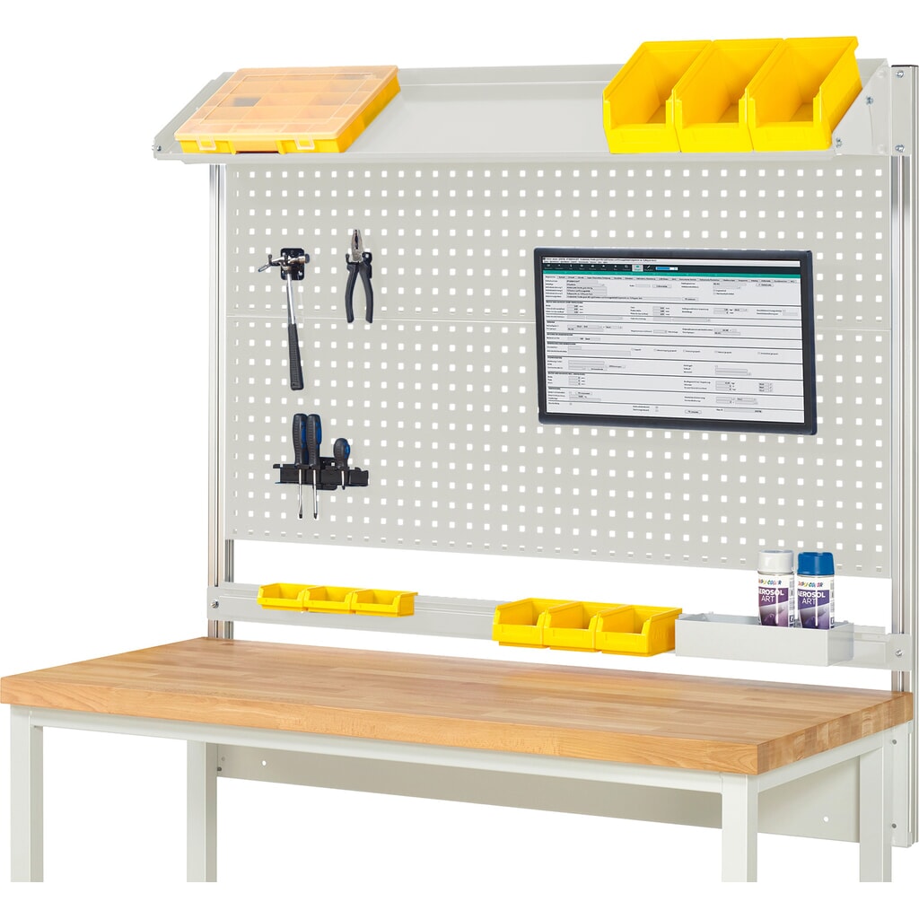 Module d’établi RAU, haut. x larg. x prof. 1 130 x 1 500 x 350 mm, avec 1 surface métallique inclinable, 1 rail de fixation et 1 support pour écran plat, kit complet 02 pour largeur de produit 1 500 mm Illustration du produit: Module d’établi RAU, haut. x larg. x prof. 1 130 x 1 500 x 350 mm, avec 1 surface métallique inclinable, 1 rail de fixation et 1 support pour écran plat, kit complet 02 pour largeur de produit 1 500 mm