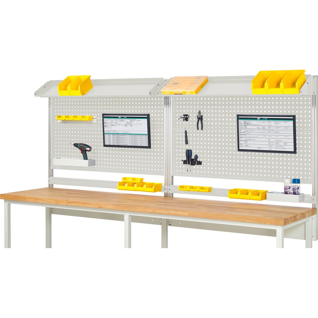 Module d’établi RAU, haut. x larg. x prof. 1 130 x 3 000 x 350 mm, avec 2 surfaces métalliques inclinables, 2 rails de fixation et 2 supports pour écran plat, kit complet 02 pour largeur de produit 3 000 mm Illustration du produit: Module d’établi RAU, haut. x larg. x prof. 1 130 x 3 000 x 350 mm, avec 2 surfaces métalliques inclinables, 2 rails de fixation et 2 supports pour écran plat, kit complet 02 pour largeur de produit 3 000 mm