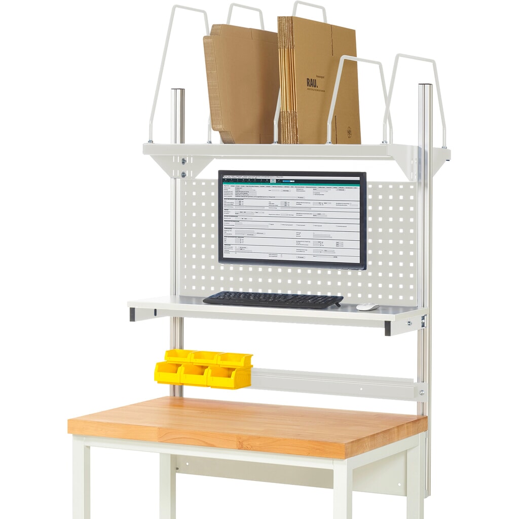 Module d’établi RAU, haut. x larg. x prof. 1 130 x 1 000 x 350 mm, avec 1 étagère, 1 rail de fixation et 1 support pour écran plat, kit complet 03 pour largeur de produit 1 000 mm Illustration du produit: Module d’établi RAU, haut. x larg. x prof. 1 130 x 1 000 x 350 mm, avec 1 étagère, 1 rail de fixation et 1 support pour écran plat, kit complet 03 pour largeur de produit 1 000 mm