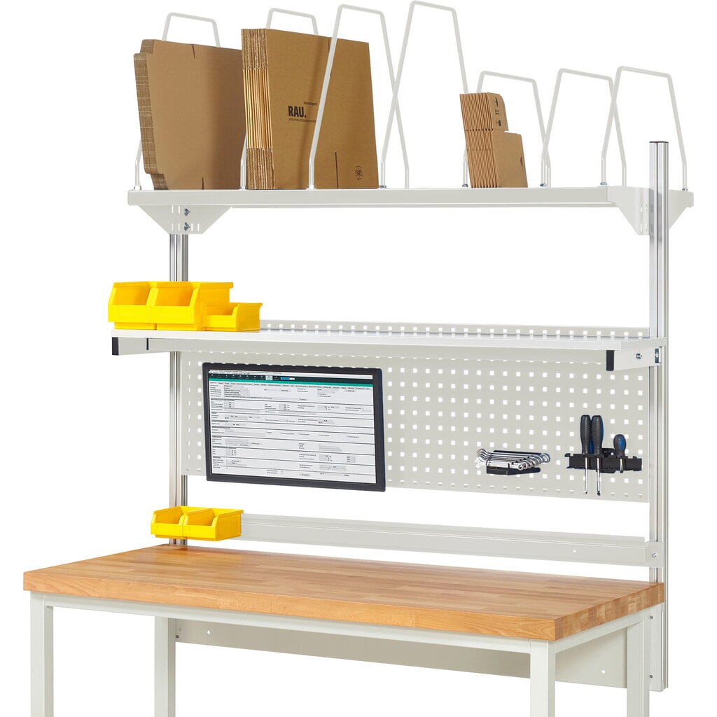 Module d’établi RAU, haut. x larg. x prof. 1 130 x 1 500 x 350 mm, avec 1 étagère, 1 rail de fixation et 1 support pour écran plat, kit complet 03 pour largeur de produit 2 000 mm Illustration du produit: Module d’établi RAU, haut. x larg. x prof. 1 130 x 1 500 x 350 mm, avec 1 étagère, 1 rail de fixation et 1 support pour écran plat, kit complet 03 pour largeur de produit 2 000 mm