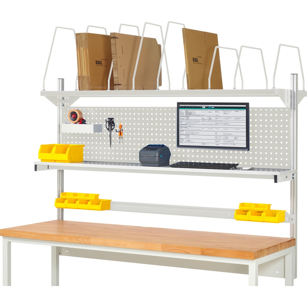 Module d’établi RAU, haut. x larg. x prof. 1 130 x 2 000 x 350 mm, avec 1 étagère, 1 rail de fixation et 1 support pour écran plat, kit complet 03 pour largeur de produit 1 500 mm Illustration du produit: Module d’établi RAU, haut. x larg. x prof. 1 130 x 2 000 x 350 mm, avec 1 étagère, 1 rail de fixation et 1 support pour écran plat, kit complet 03 pour largeur de produit 1 500 mm