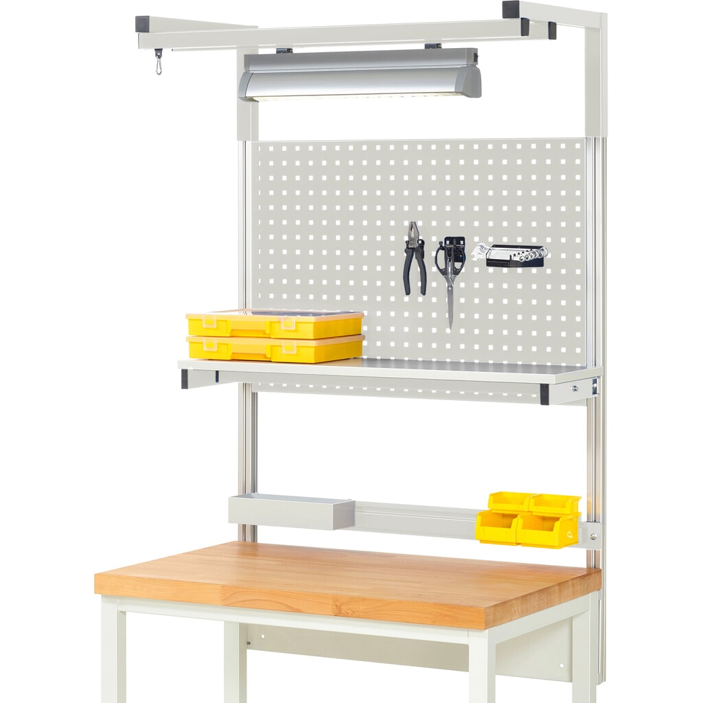 Module d’établi RAU, haut. x larg. x prof. 1 380 x 1 000 x 350mm, avec 1 étagère, 1 rail de fixation, 1 paire de potences et 1 lampe, kit complet 04 pour largeur de produit 1 000 mm Illustration du produit: Module d’établi RAU, haut. x larg. x prof. 1 380 x 1 000 x 350mm, avec 1 étagère, 1 rail de fixation, 1 paire de potences et 1 lampe, kit complet 04 pour largeur de produit 1 000 mm