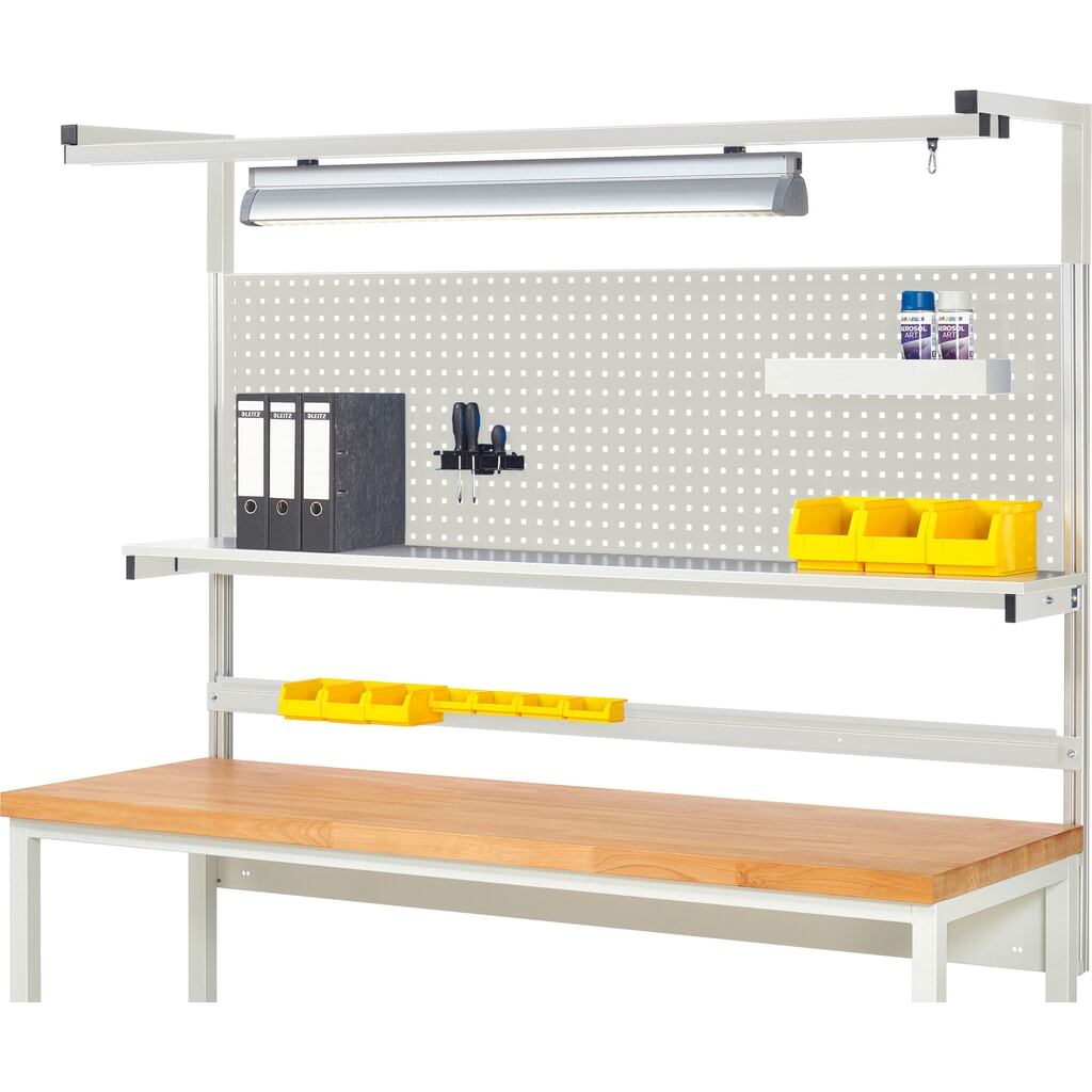 Module d’établi RAU, haut. x larg. x prof. 1 380 x 2 000 x 350mm, avec 1 étagère, 1 rail de fixation, 1 paire de potences et 1 lampe, kit complet 04 pour largeur de produit 2 000 mm Illustration du produit: Module d’établi RAU, haut. x larg. x prof. 1 380 x 2 000 x 350mm, avec 1 étagère, 1 rail de fixation, 1 paire de potences et 1 lampe, kit complet 04 pour largeur de produit 2 000 mm