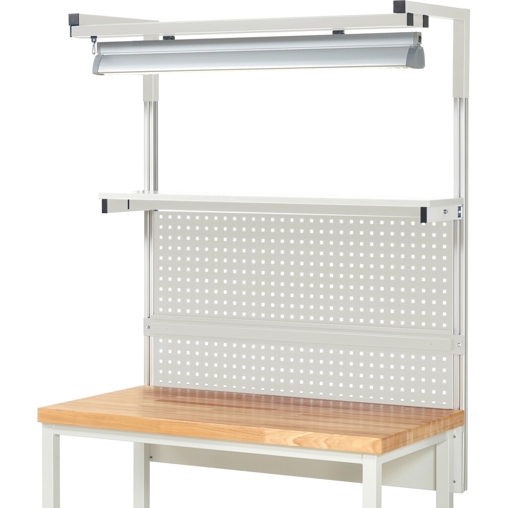 Module d’établi RAU, haut. x larg. x prof. 1 380 x 1 250 x 350mm, avec 1 étagère, 1 rail de fixation, 1 paire de potences et 1 lampe, kit complet 04 pour largeur de produit 1 250 mm N° de l'image du produit 2 : Module d’établi RAU, haut. x larg. x prof. 1 380 x 1 250 x 350mm, avec 1 étagère, 1 rail de fixation, 1 paire de potences et 1 lampe, kit complet 04 pour largeur de produit 1 250 mm