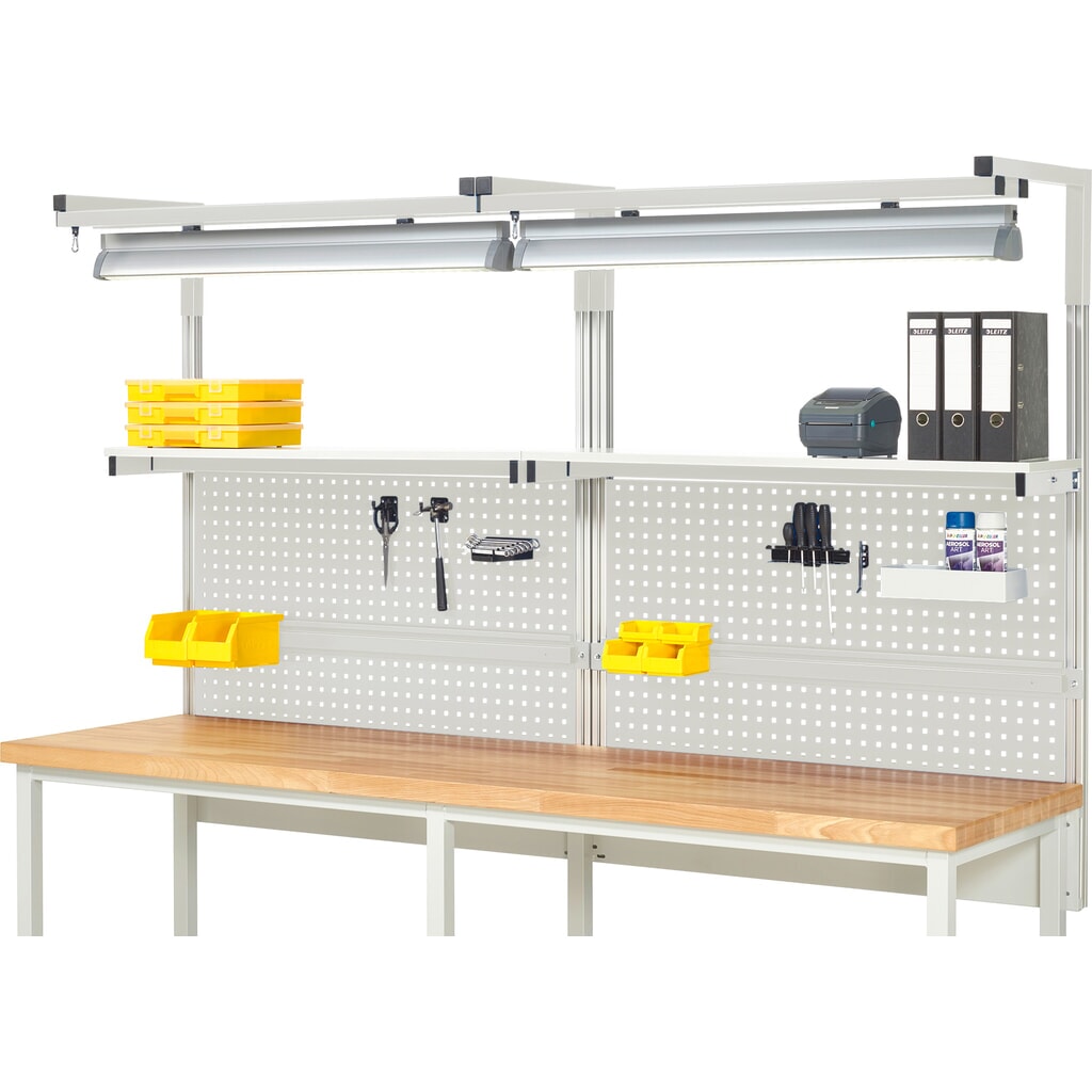 Module d’établi RAU, haut. x larg. x prof. 1 380 x 2 500 x 350 mm, avec 2 étagères, 2 rails de fixation, 2 paires de potences et 2 lampes, kit complet 04 pour largeur de produit 2 500 mm Illustration du produit: Module d’établi RAU, haut. x larg. x prof. 1 380 x 2 500 x 350 mm, avec 2 étagères, 2 rails de fixation, 2 paires de potences et 2 lampes, kit complet 04 pour largeur de produit 2 500 mm