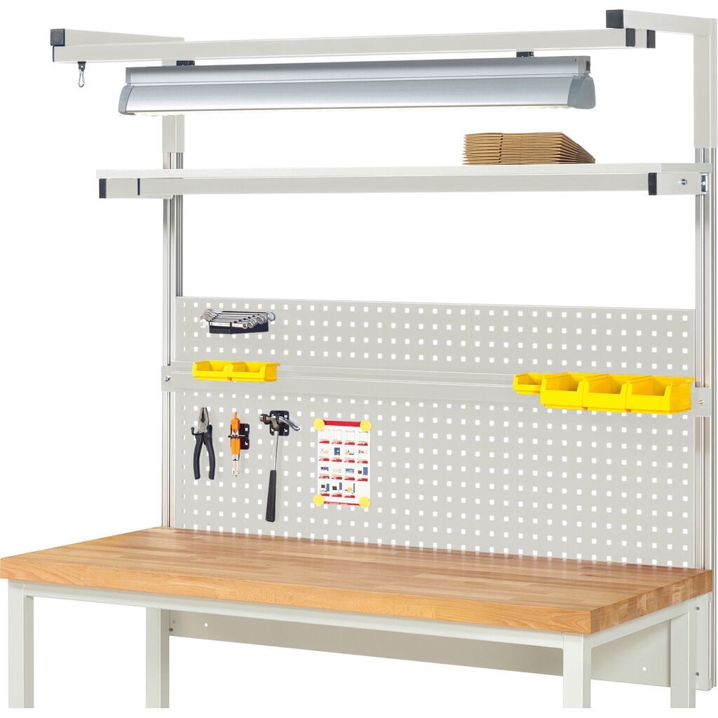 Module d’établi RAU, haut. x larg. x prof. 1 380 x 1 500 x 350mm, avec 1 étagère, 1 rail de fixation, 1 paire de potences et 1 lampe, kit complet 04 pour largeur de produit 1 500 mm Illustration du produit: Module d’établi RAU, haut. x larg. x prof. 1 380 x 1 500 x 350mm, avec 1 étagère, 1 rail de fixation, 1 paire de potences et 1 lampe, kit complet 04 pour largeur de produit 1 500 mm