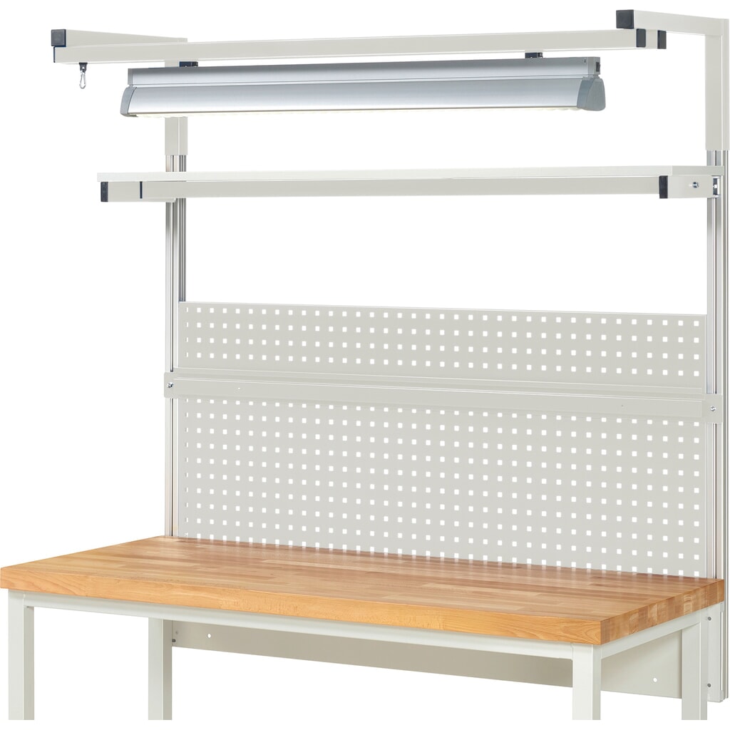 Module d’établi RAU, haut. x larg. x prof. 1 380 x 1 500 x 350mm, avec 1 étagère, 1 rail de fixation, 1 paire de potences et 1 lampe, kit complet 04 pour largeur de produit 1 500 mm N° de l'image du produit 2 : Module d’établi RAU, haut. x larg. x prof. 1 380 x 1 500 x 350mm, avec 1 étagère, 1 rail de fixation, 1 paire de potences et 1 lampe, kit complet 04 pour largeur de produit 1 500 mm