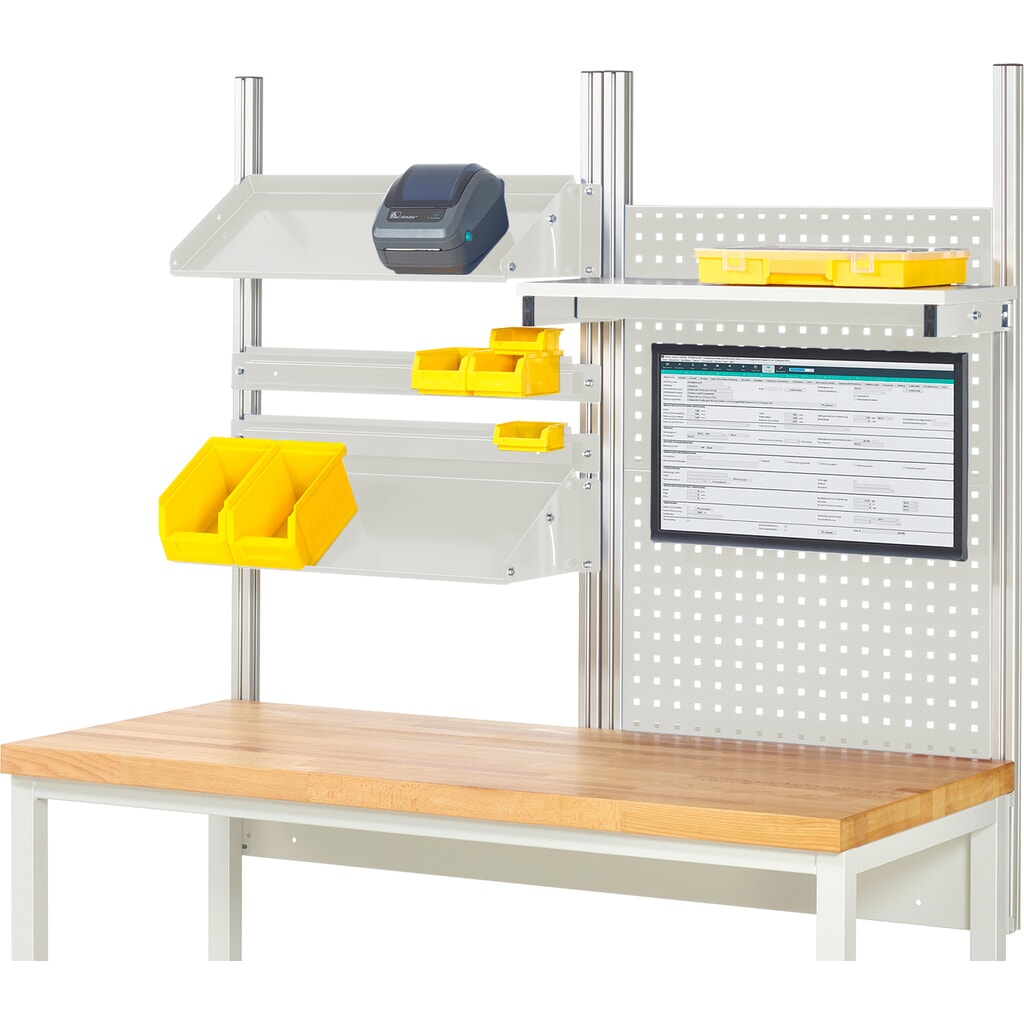 Module d’établi RAU, haut. x larg. x prof. 1 130 x 1 500 x 350 mm, avec 1 étagère, 2 rails de fixation, 2 surfaces métalliques inclinables et 1 support pour écran plat, kit complet 05 pour largeur de produit 1 500 mm Illustration du produit: Module d’établi RAU, haut. x larg. x prof. 1 130 x 1 500 x 350 mm, avec 1 étagère, 2 rails de fixation, 2 surfaces métalliques inclinables et 1 support pour écran plat, kit complet 05 pour largeur de produit 1 500 mm